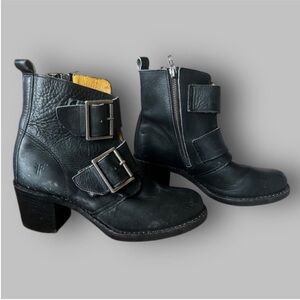 Frye Black Leather Buckle Moto Ankle Boots